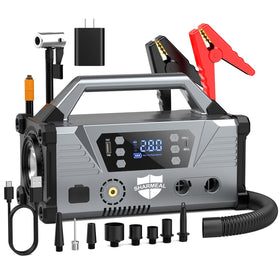 Sharmeal front angle view of jump starter showing compact durable housing and portability