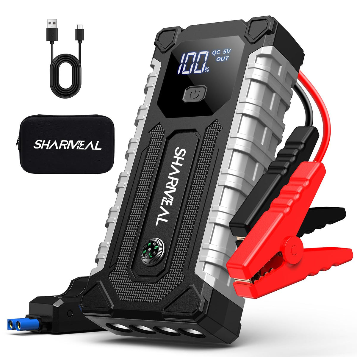 Sharmeal jump starter front view shows compact design and portability