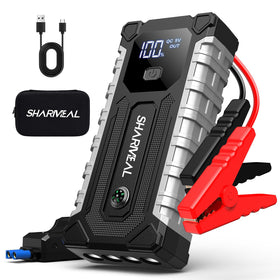Sharmeal jump starter front view shows compact design and portability