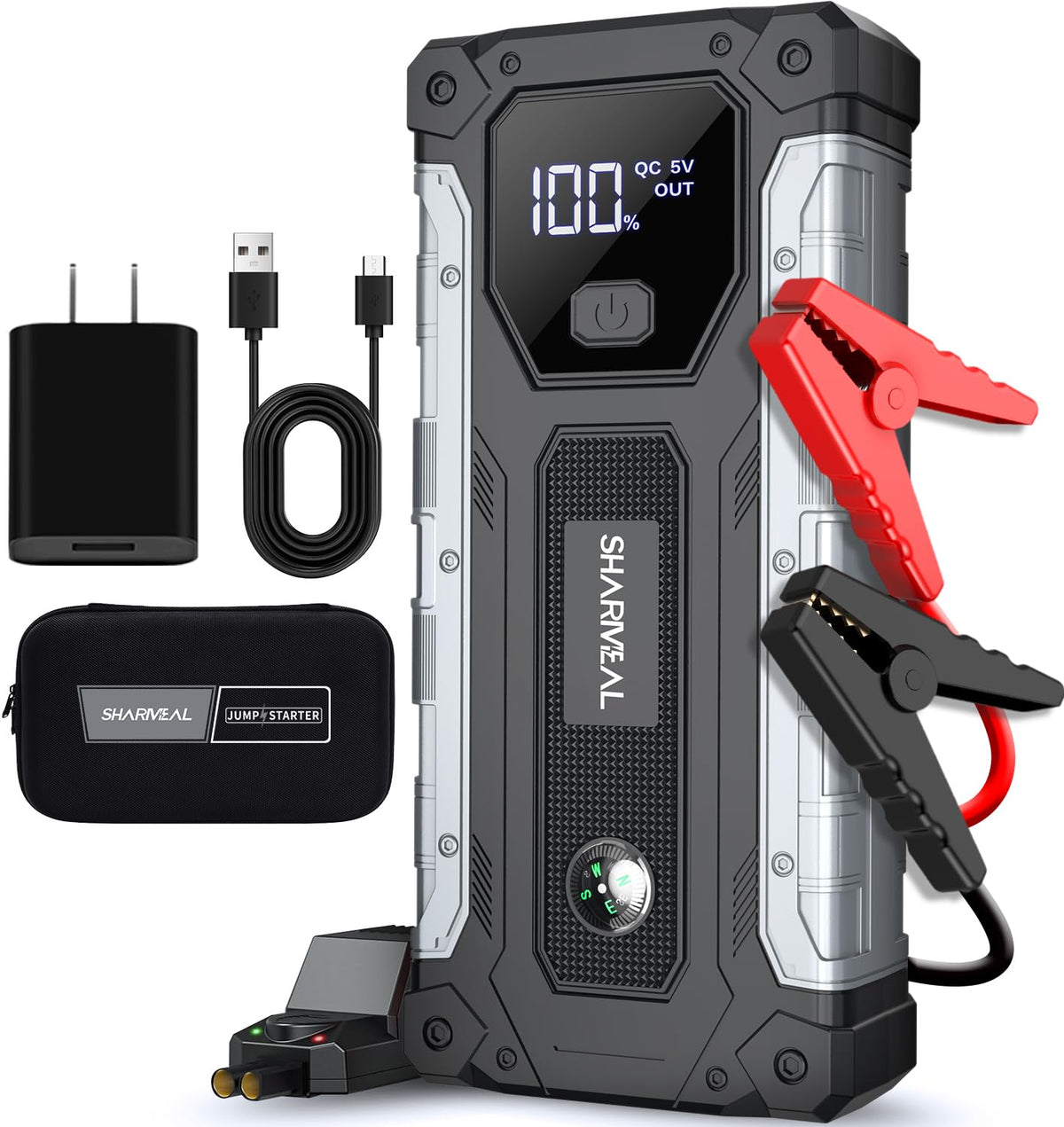 Sharmeal front packaging showing jump starter and accessories for quick identification