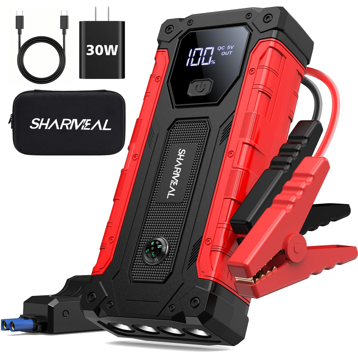 Sharmeal front view of jump starter showing compact design and easy storage benefit