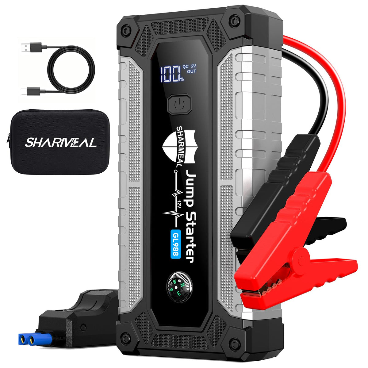 Sharmeal front view showing compact jump starter and case for quick roadside help