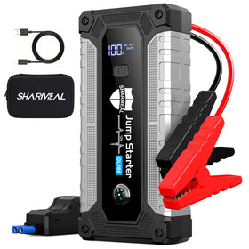 Sharmeal front view showing compact jump starter and case for quick roadside help