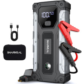 Sharmeal front view of jump starter showing compact design and instant power