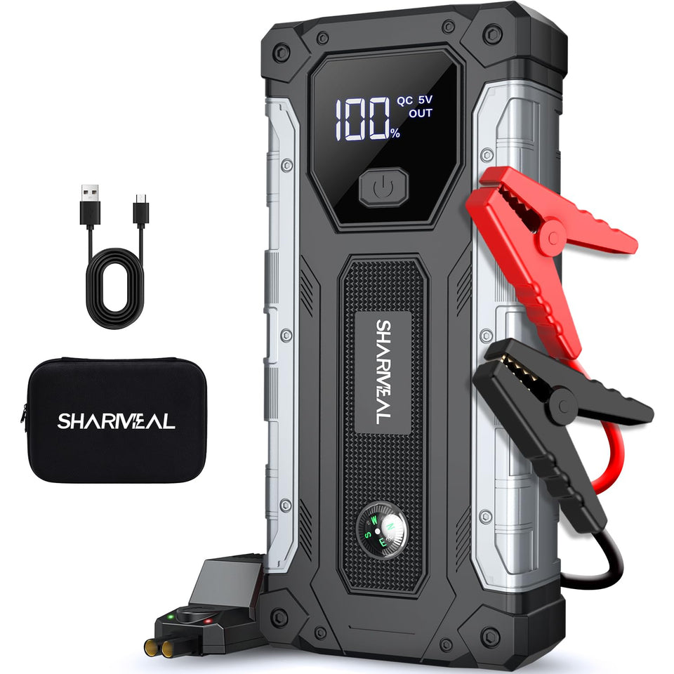Sharmeal front view of jump starter showing compact design and instant power