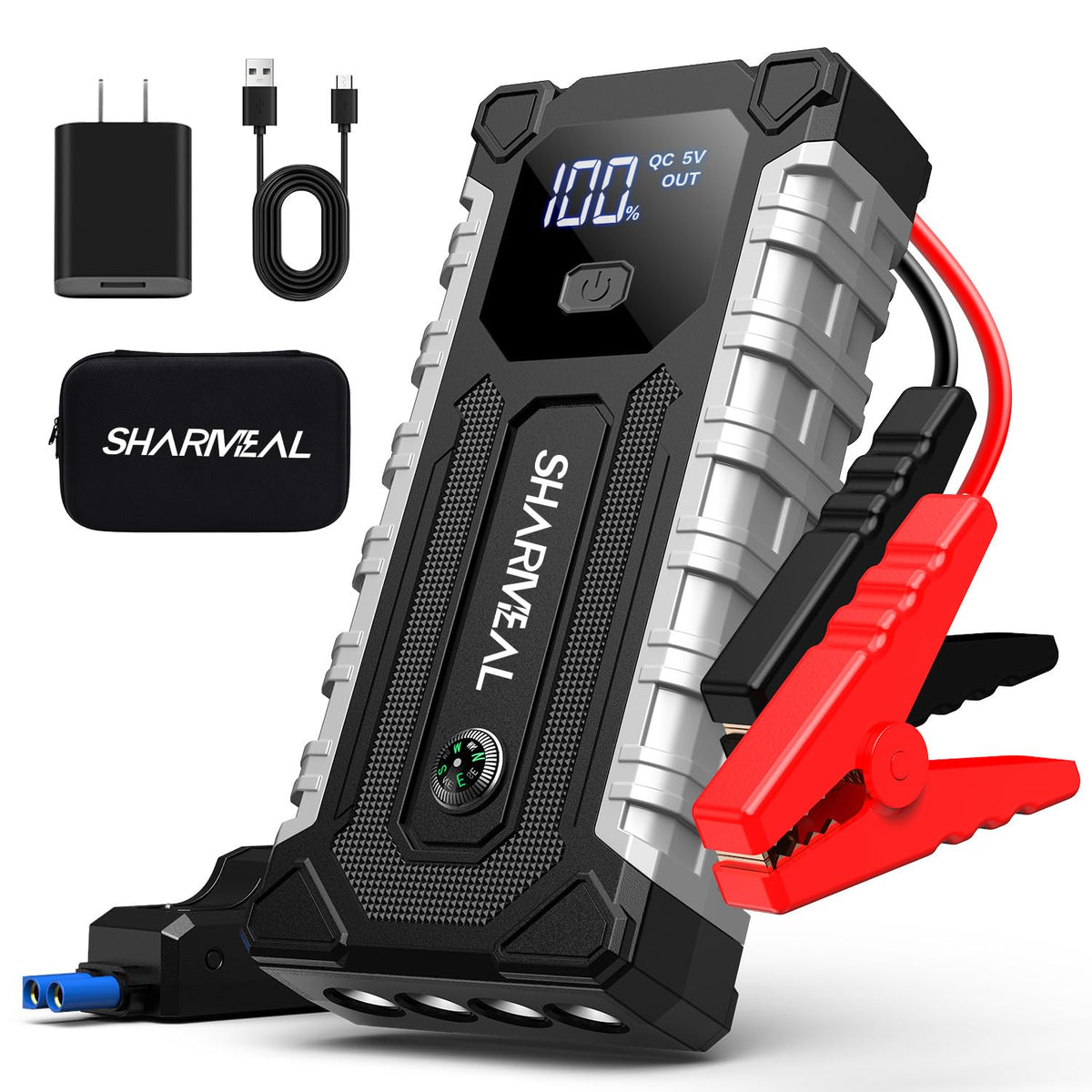 Sharmeal front view showing compact jump starter and controls for fast starts