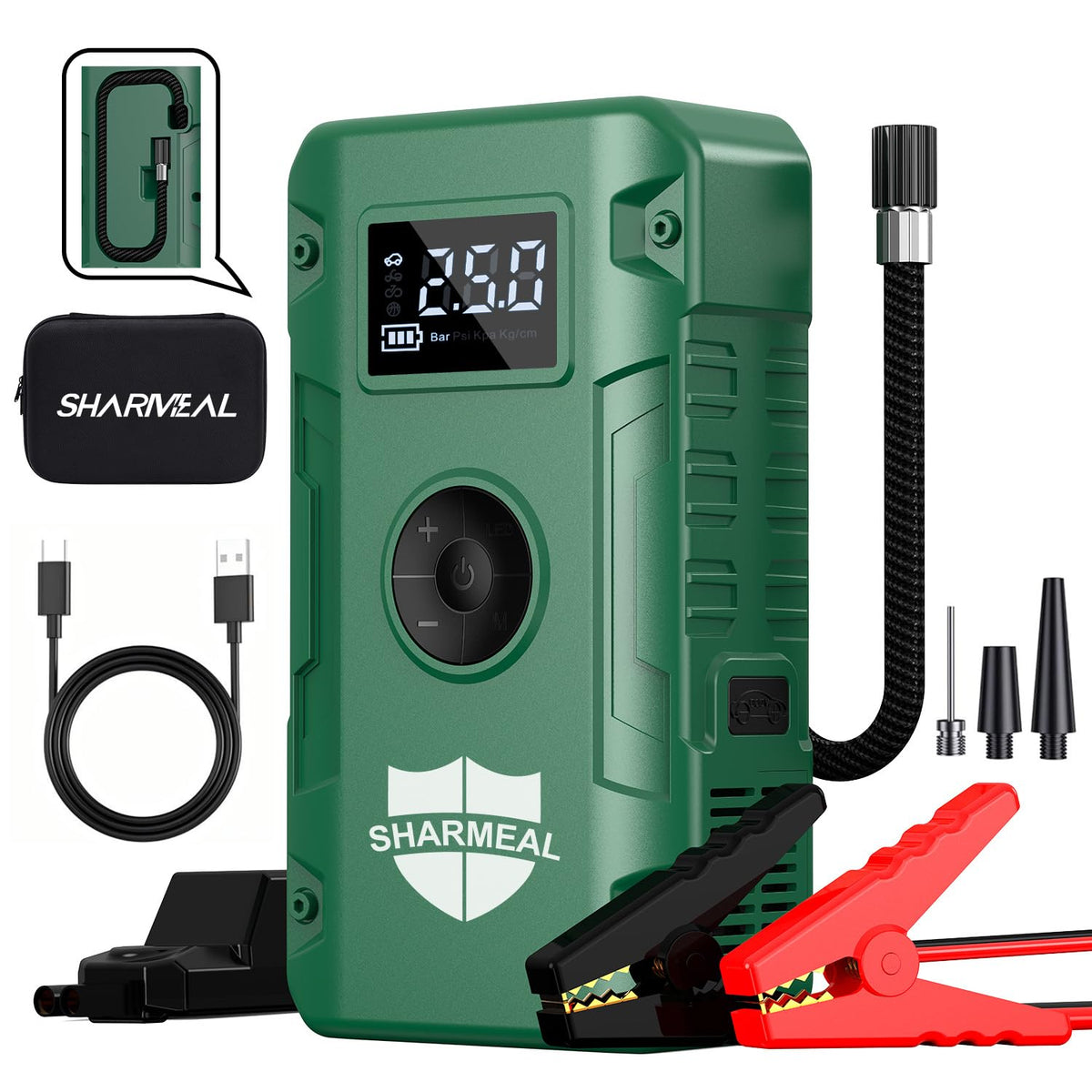 Sharmeal front view of jump starter showing compact design and handle, offers quick roadside readiness
