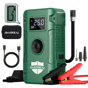 Sharmeal front view of jump starter showing compact design and handle, offers quick roadside readiness