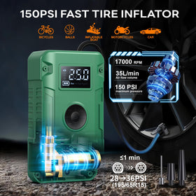 Sharmeal air compressor hose attached to unit inflating tire, provides fast, controlled inflation