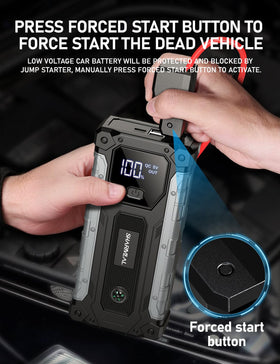Sharmeal jump starter stored in car trunk offering compact roadside readiness