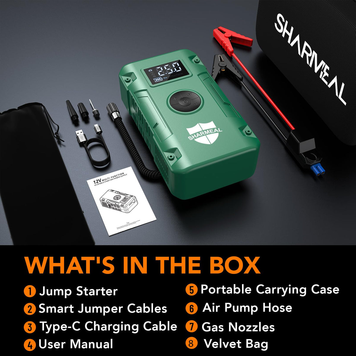 Sharmeal roadside scene with jump starter and flashlight lit, supports emergencies and visibility
