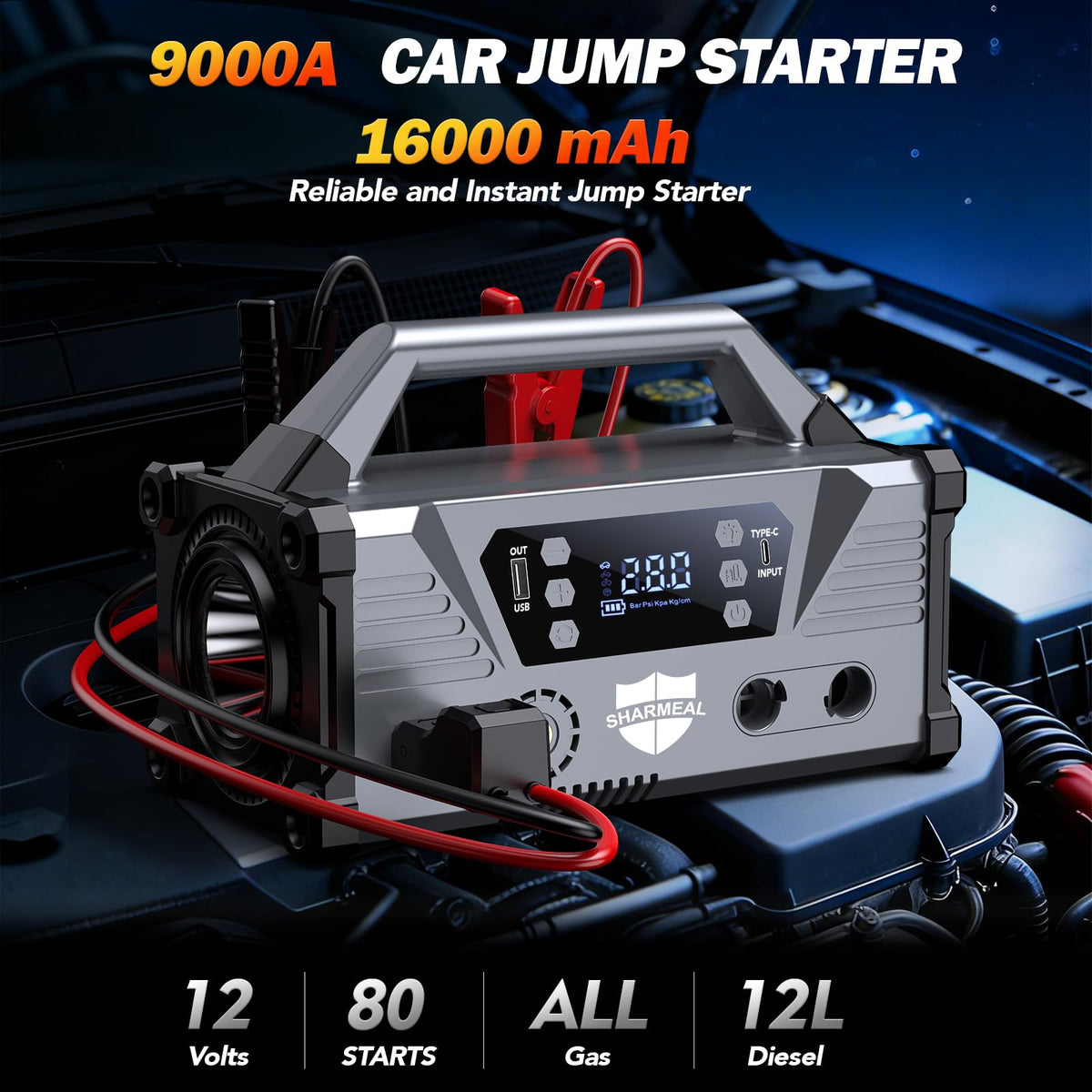 Sharmeal smart jumper cables and spark-proof clamps illustrating safe connection feature