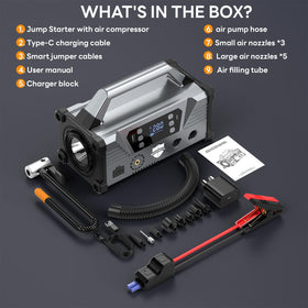 Sharmeal box contents laid out to show jumper, cables, hoses, nozzles and charging cable
