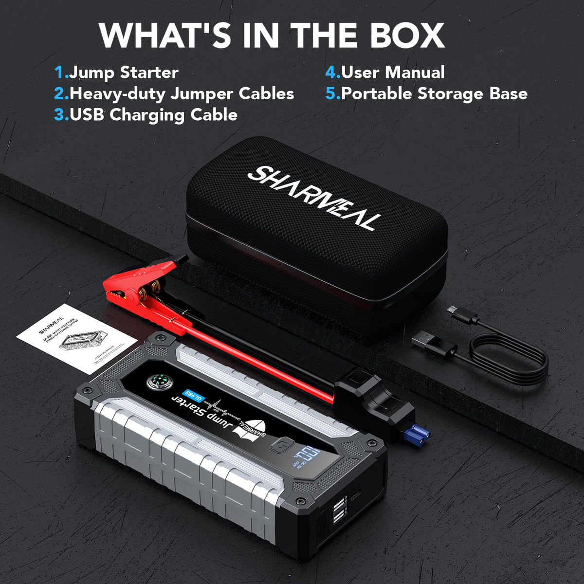 Sharmeal jump starter connected to truck diesel showcasing reliable heavy-engine starting