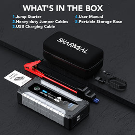 Sharmeal jump starter connected to truck diesel showcasing reliable heavy-engine starting