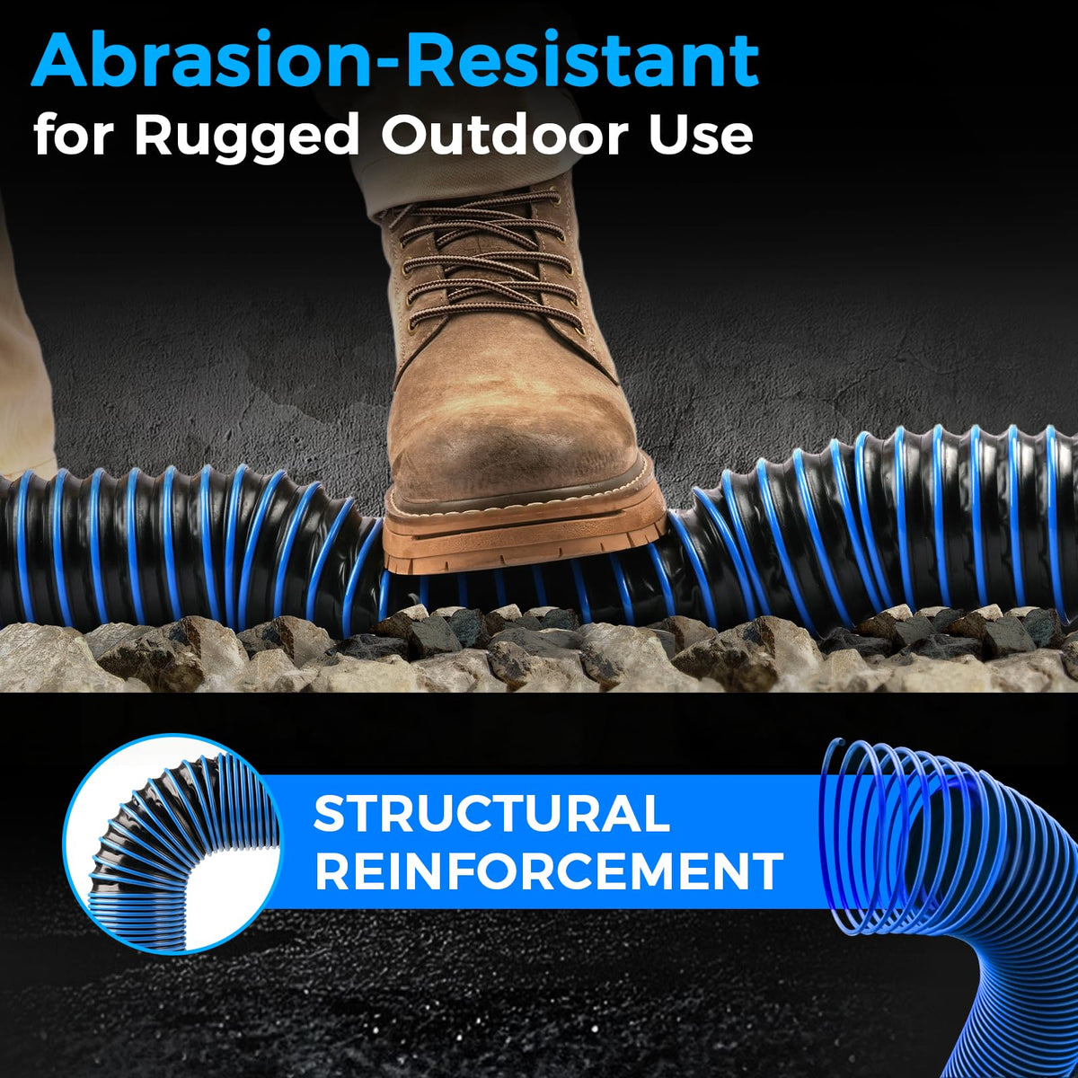 SheeChung compressed hose stored in bumper demonstrating compact RV storage