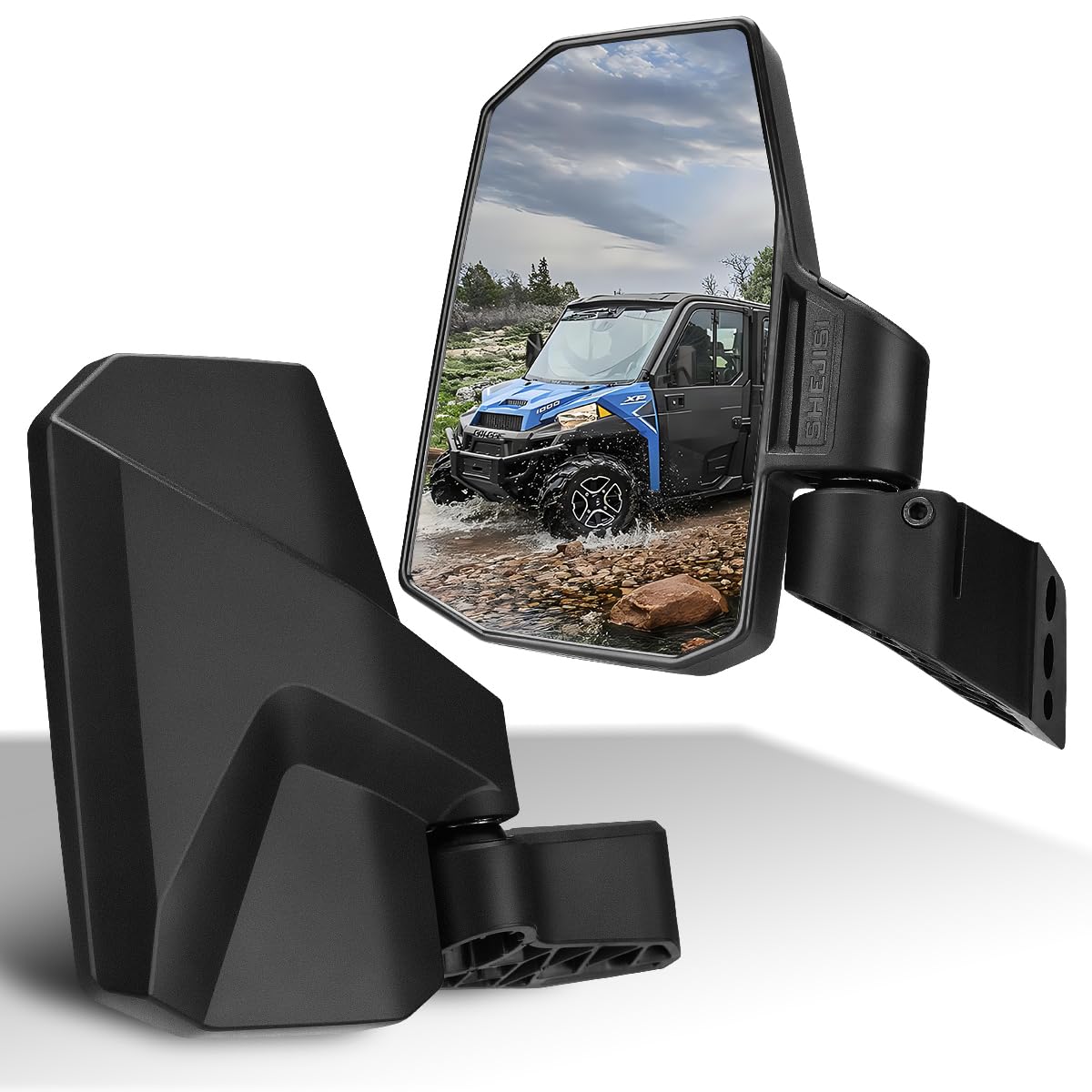 SHEJISI front-mounted mirror on Polaris Ranger door shows wide visibility benefit
