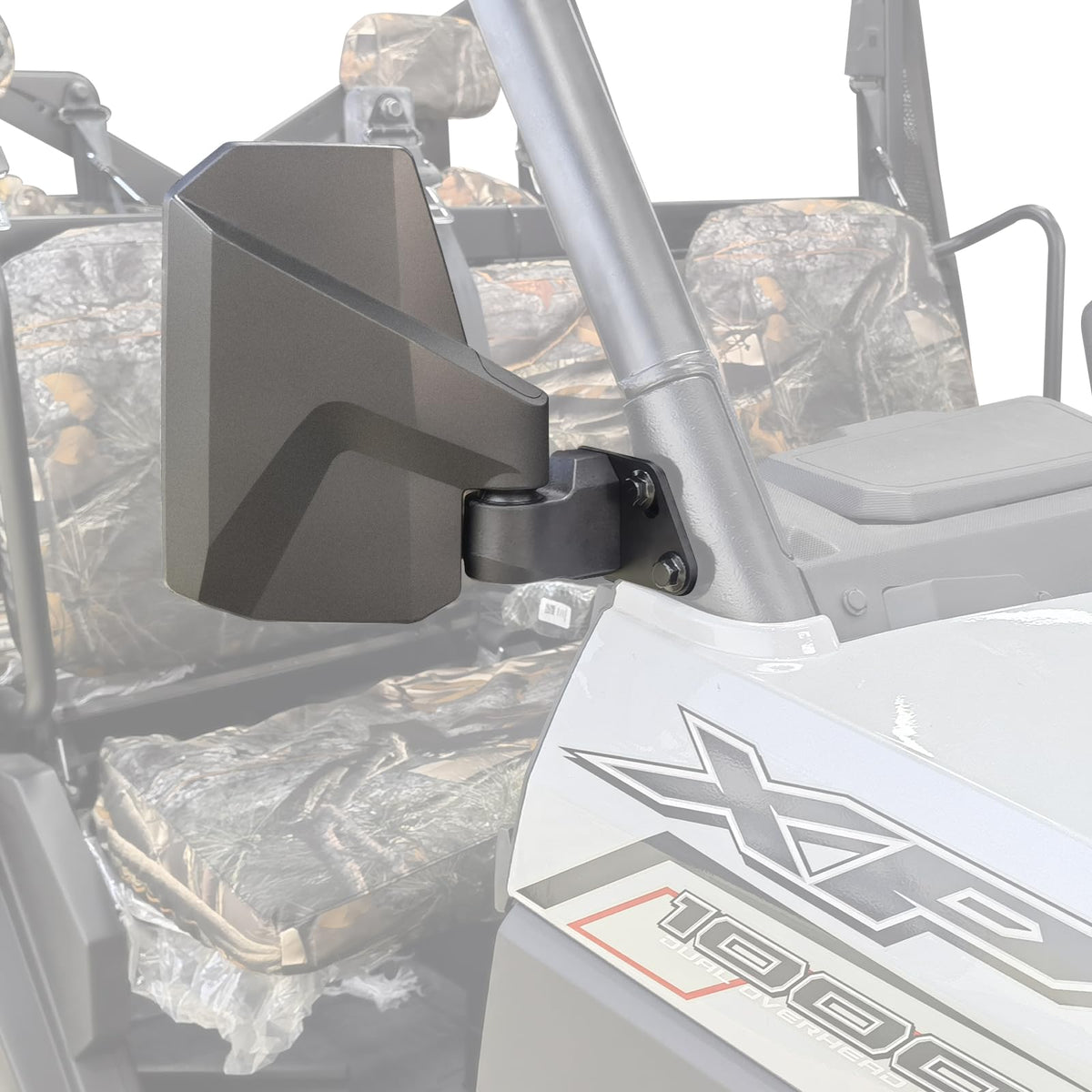 SHEJISI front-mounted A-pillar mirror on Polaris Ranger showing stable fit and improved view