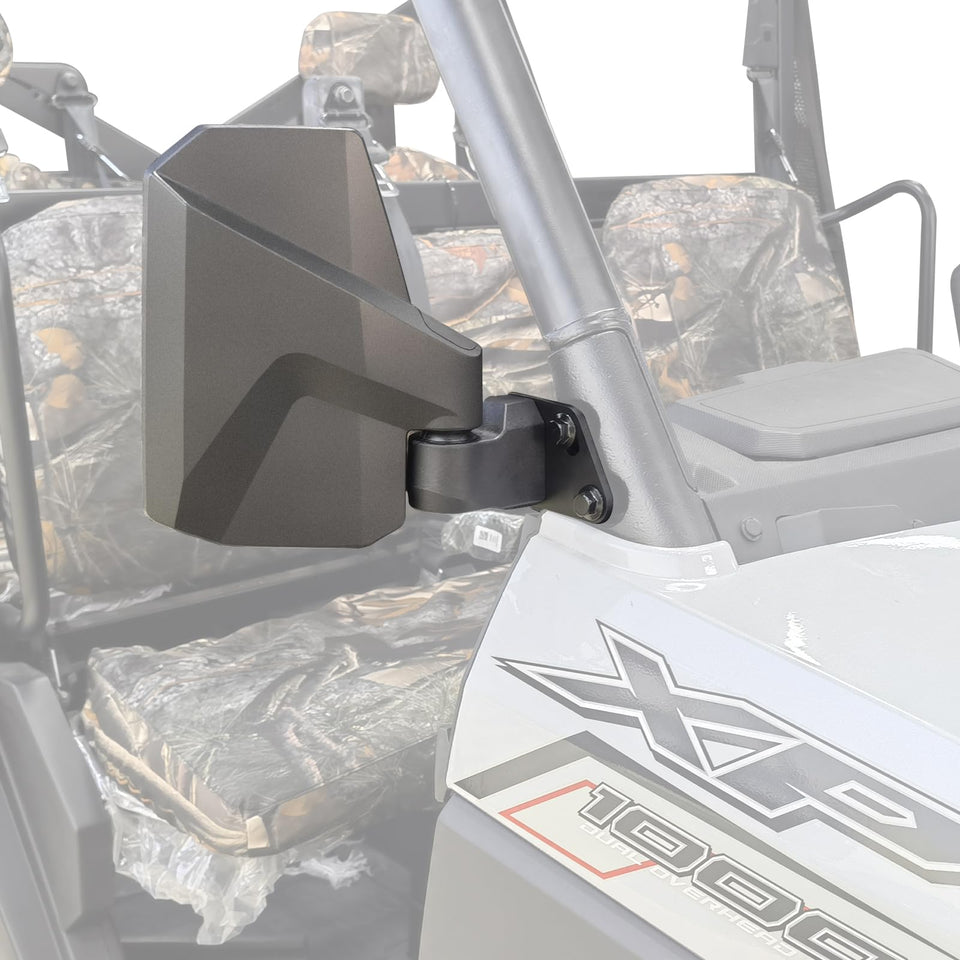SHEJISI front-mounted A-pillar mirror on Polaris Ranger showing stable fit and improved view