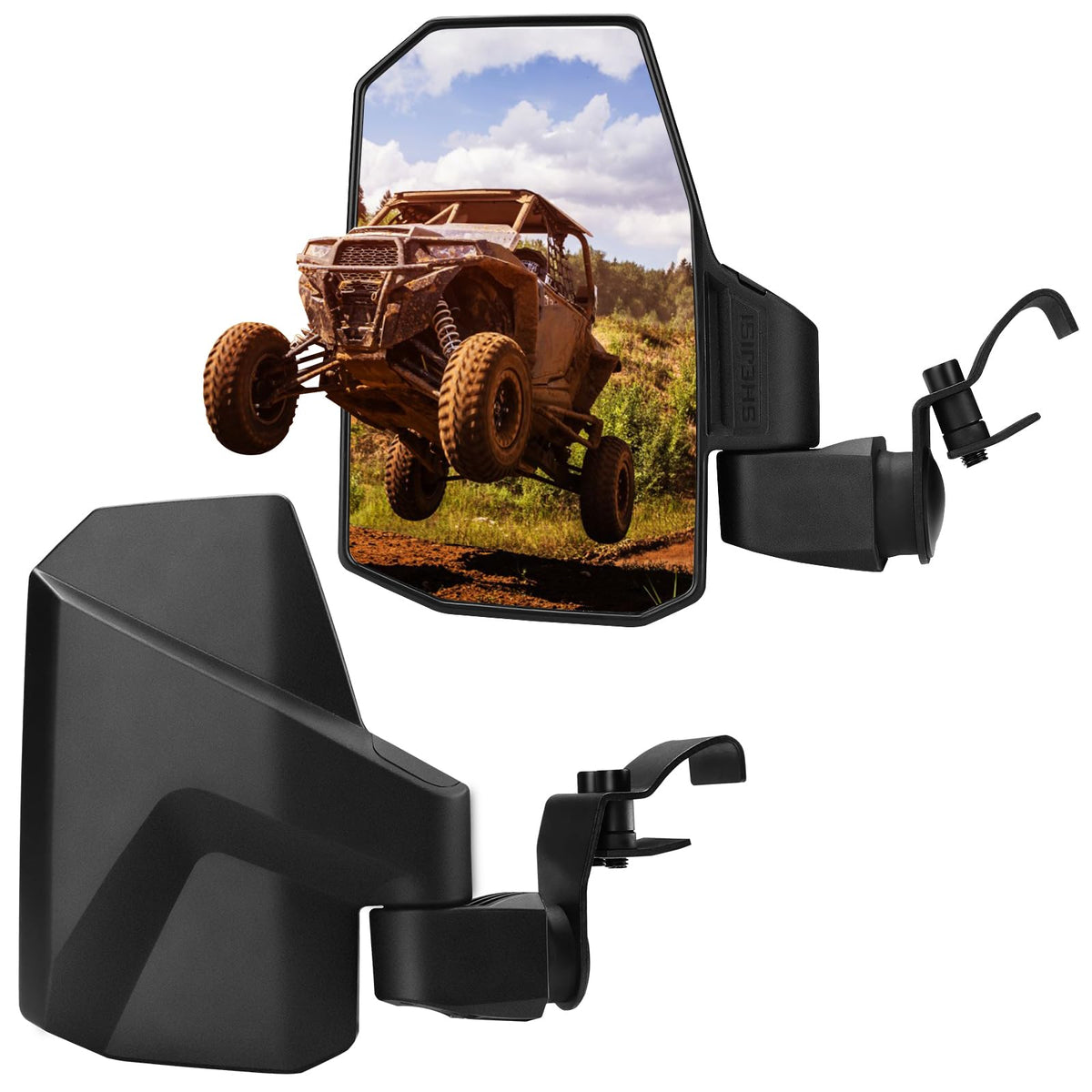 SHEJISI front-mounted mirror on Polaris Ranger showing fit and wide view benefit