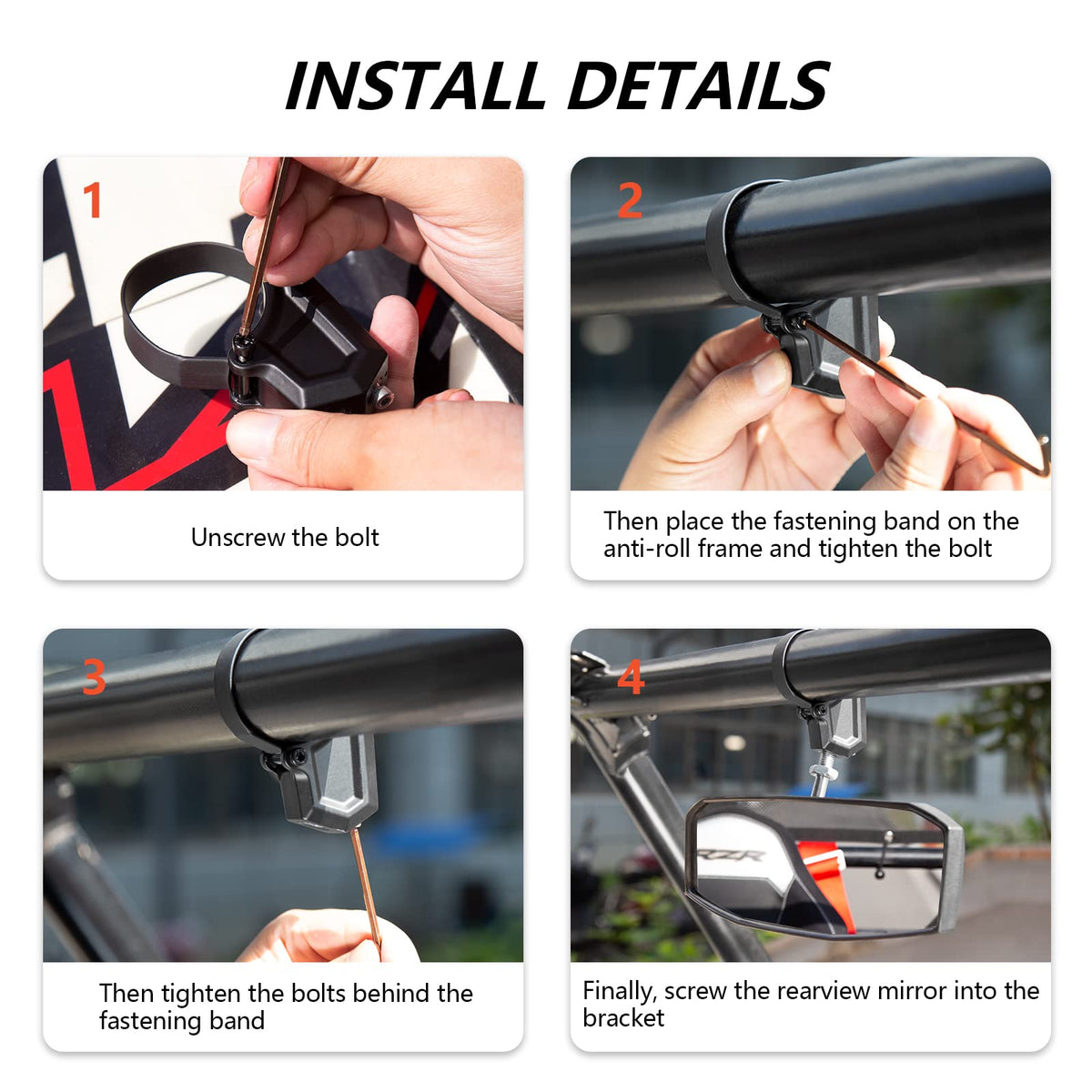 SHEJISI mirror installed on a Polaris RZR demonstrating improved rear visibility