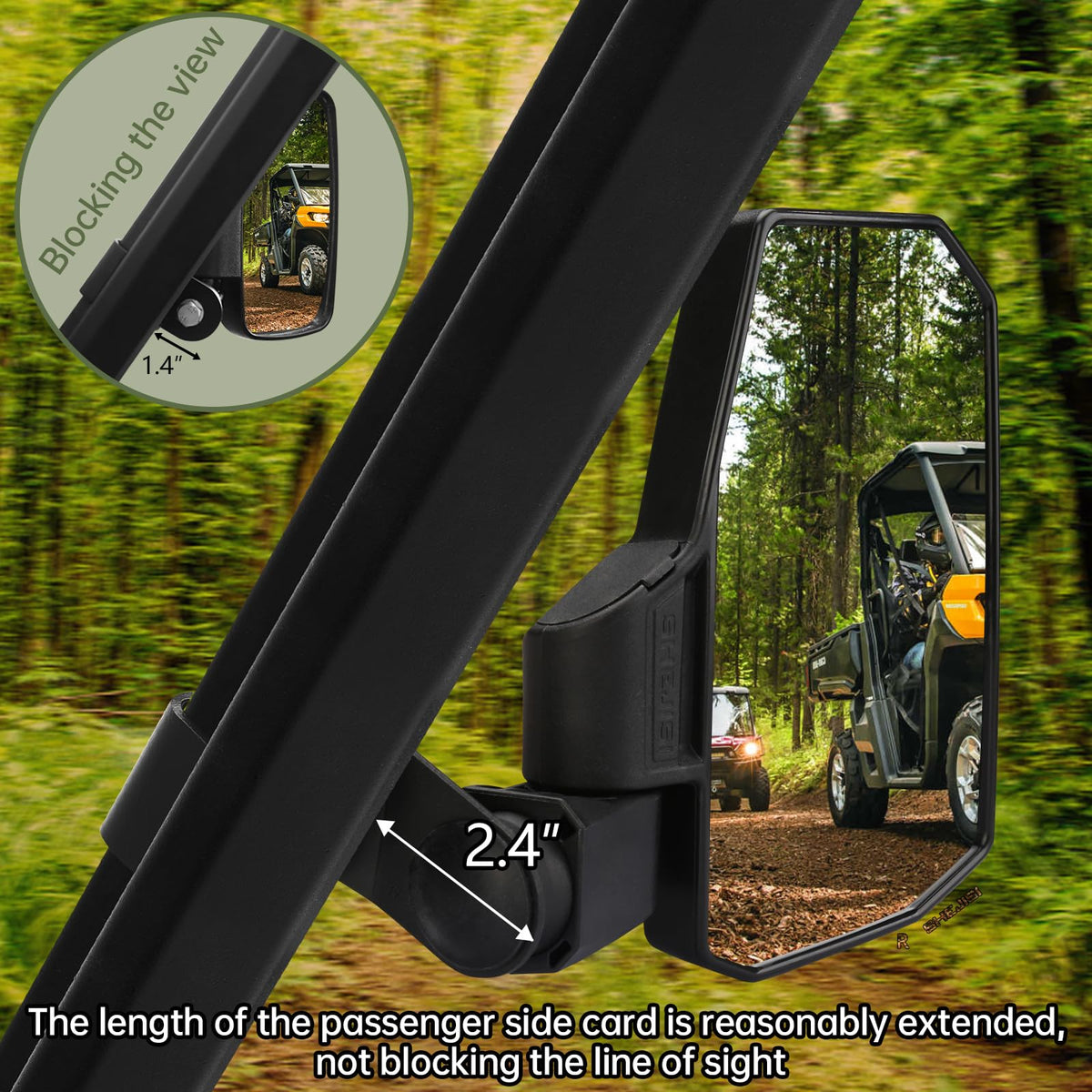 SHEJISI mirrors on UTV in trail setting showing improved sightlines for safe driving