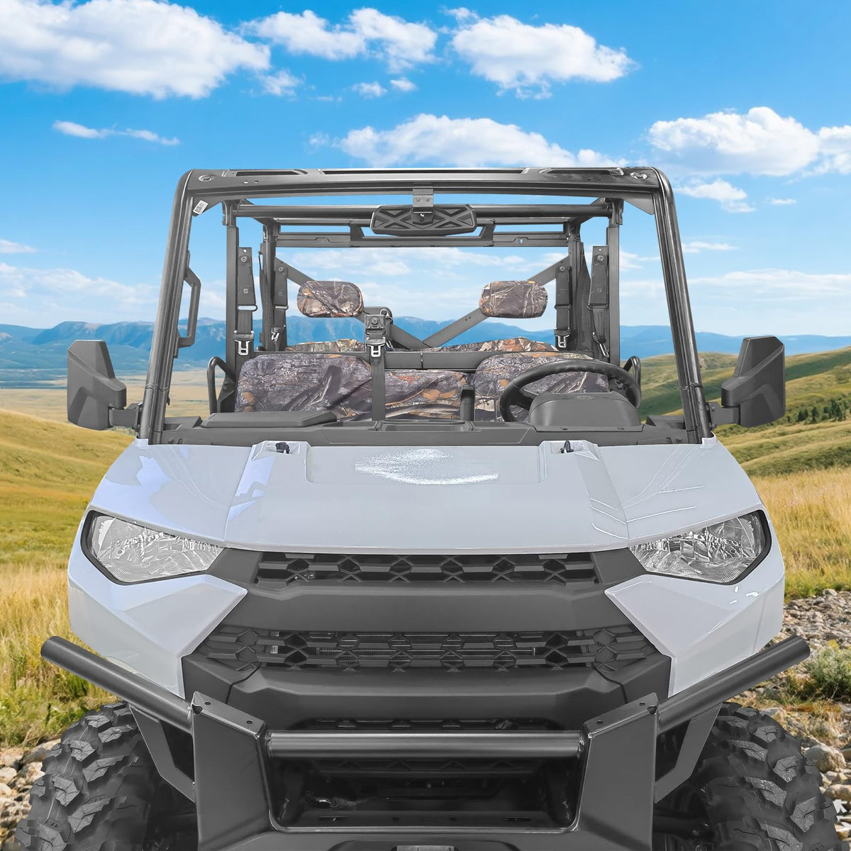 SHEJISI mirrors installed on a Ranger on trail showing improved rear visibility while riding