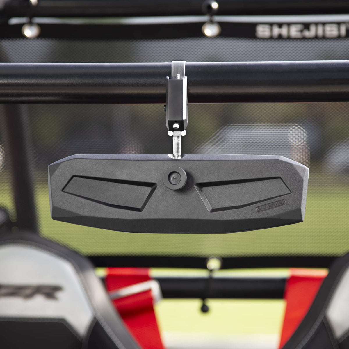 SHEJISI mirror on a UTV in trail setting showing safer situational awareness benefit