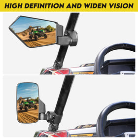 SHEJISI mirror next to roll cage showing fit for 1.5"–2.0" bars