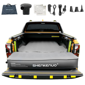 SHENKENUO front view of packed mattress showing compact carry bag and included pump for easy transport