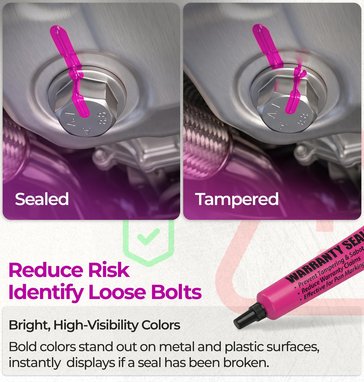 Sherco-Auto pink torque mark on drain plug showing clear tamper-evident indication