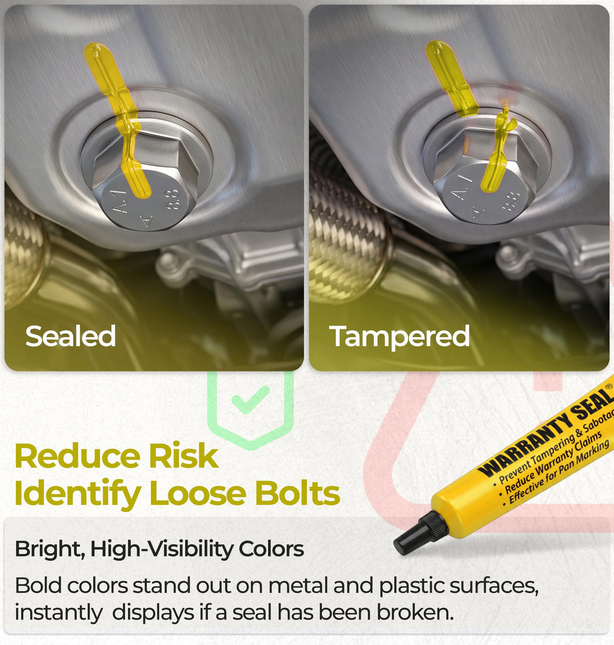 Sherco-Auto marked bolt with contrasting yellow line for instant tamper detection