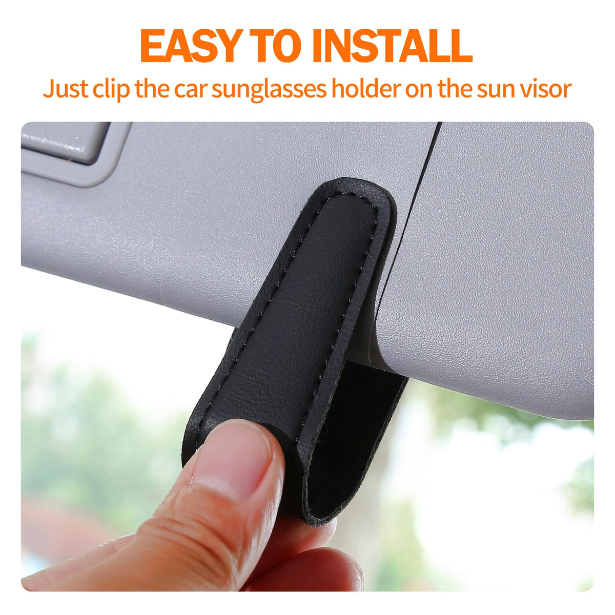 Shering holder attached to car visor with sunglasses secured for easy access