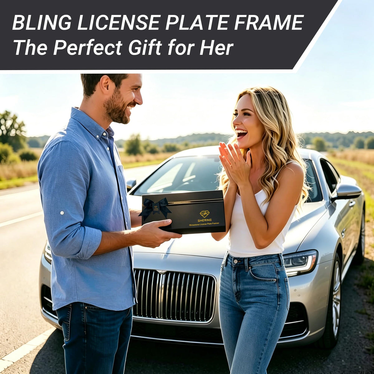 Shering lifestyle shot with woman by car illustrating fashionable automotive accessory