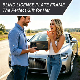 Shering lifestyle shot with woman by car illustrating fashionable automotive accessory