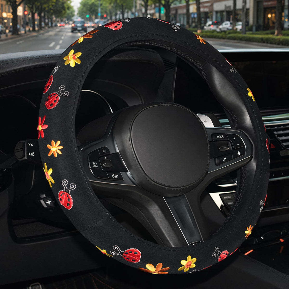 SHIAWASENA front view of embroidered steering wheel cover showing stylish design and fit