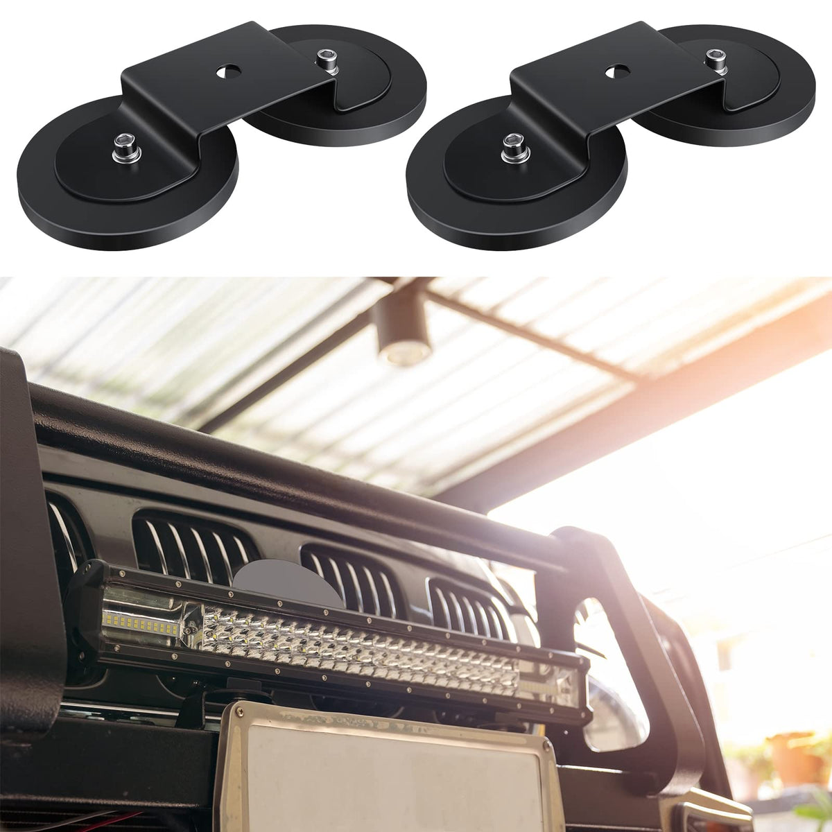 Shimeyao magnetic mount holding LED light bar on SUV roof for temporary lighting