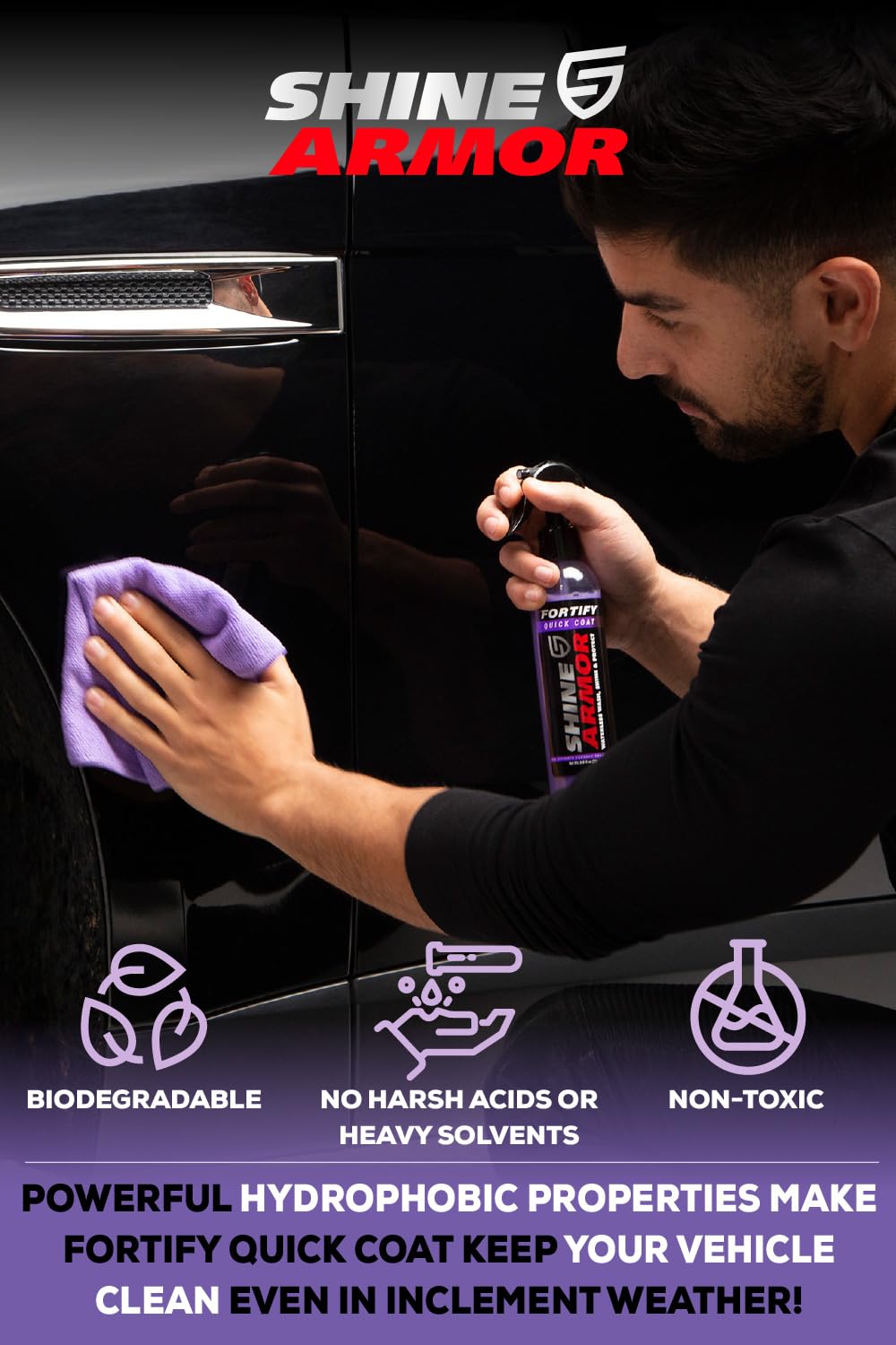 SHINE ARMOR beaded water on hood demonstrating hydrophobic protection benefit