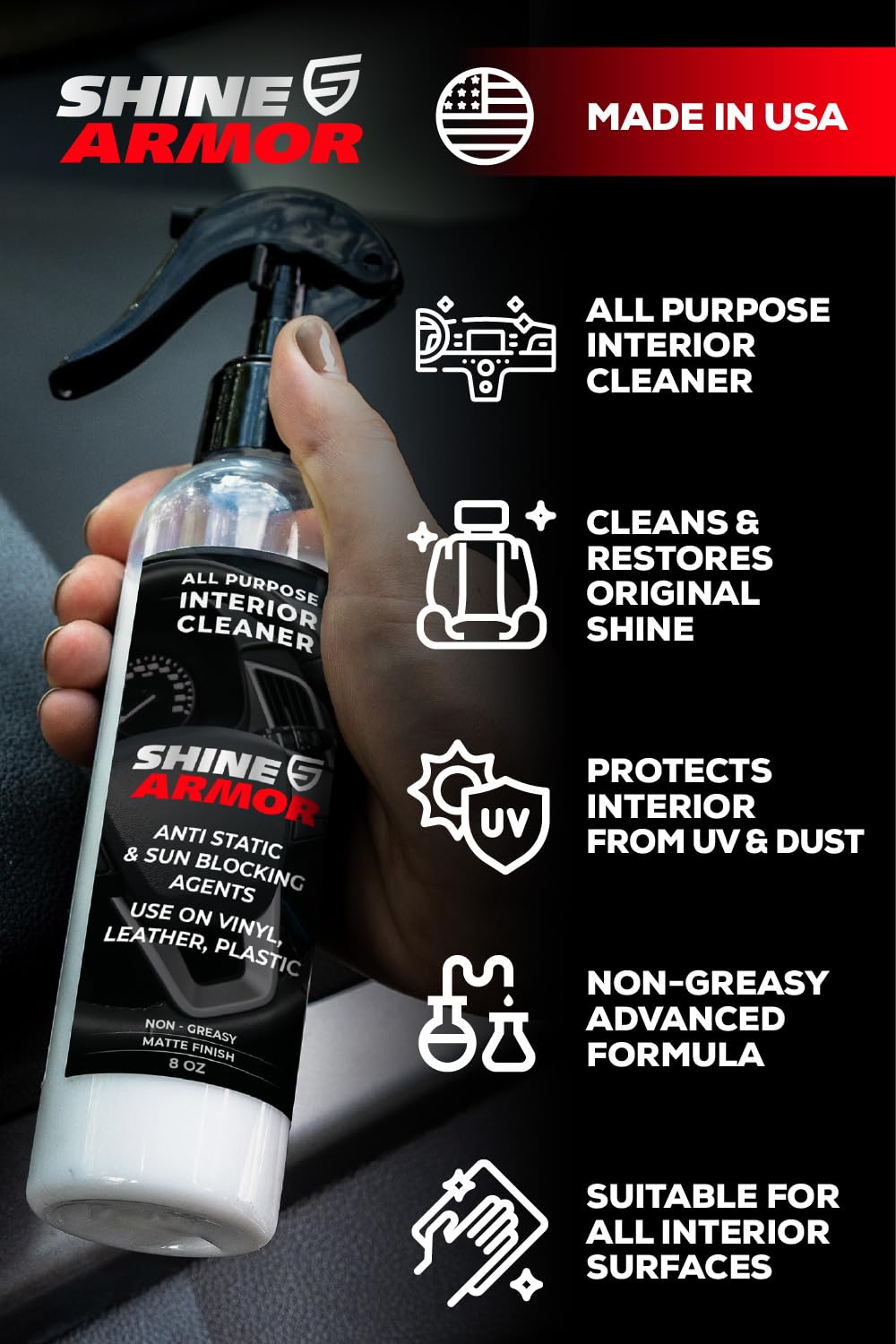 SHINE ARMOR bottle next to a hand for scale showing compact easy storage
