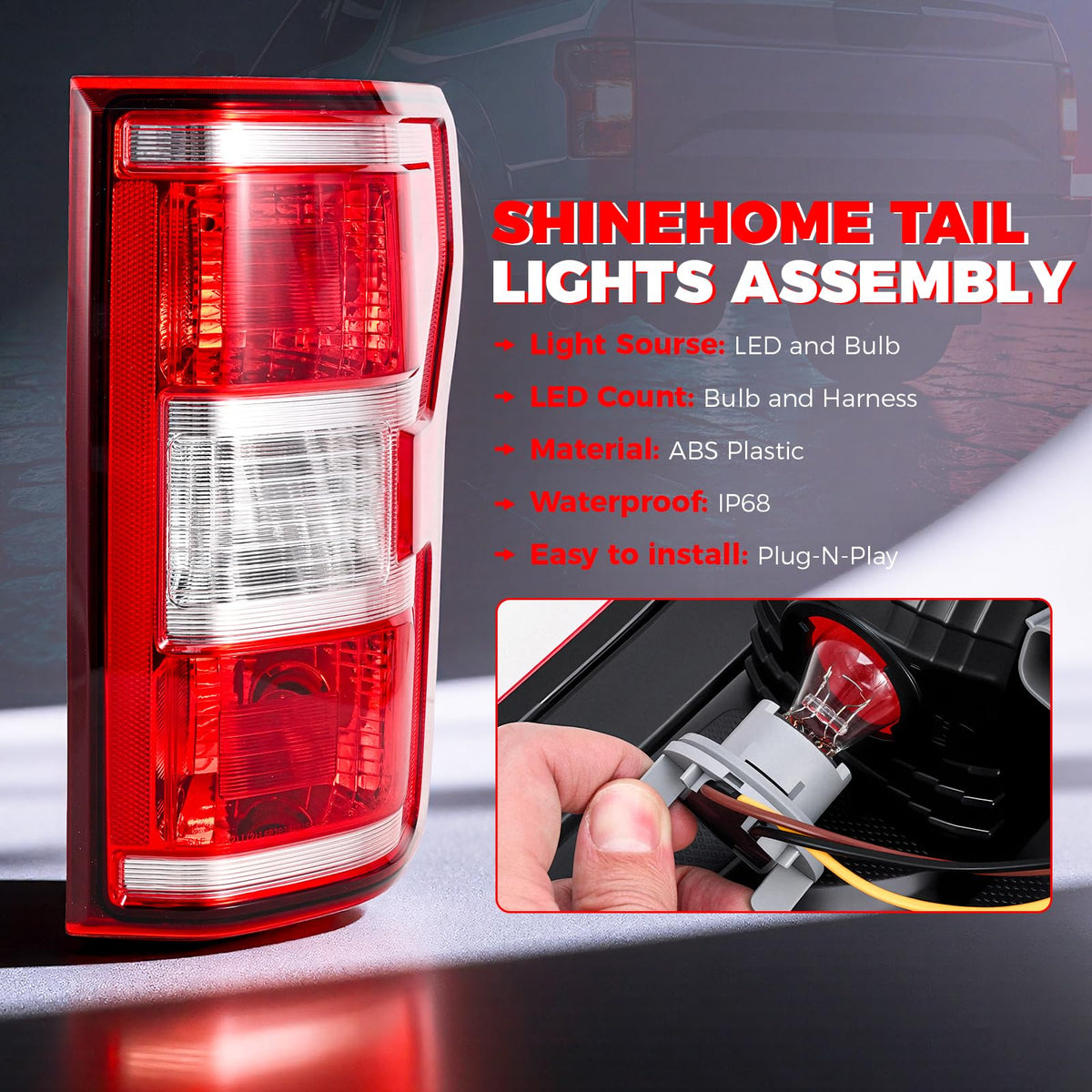 SHINEHOME tail light wiring and weatherproof harness showing easy plug-and-play benefit