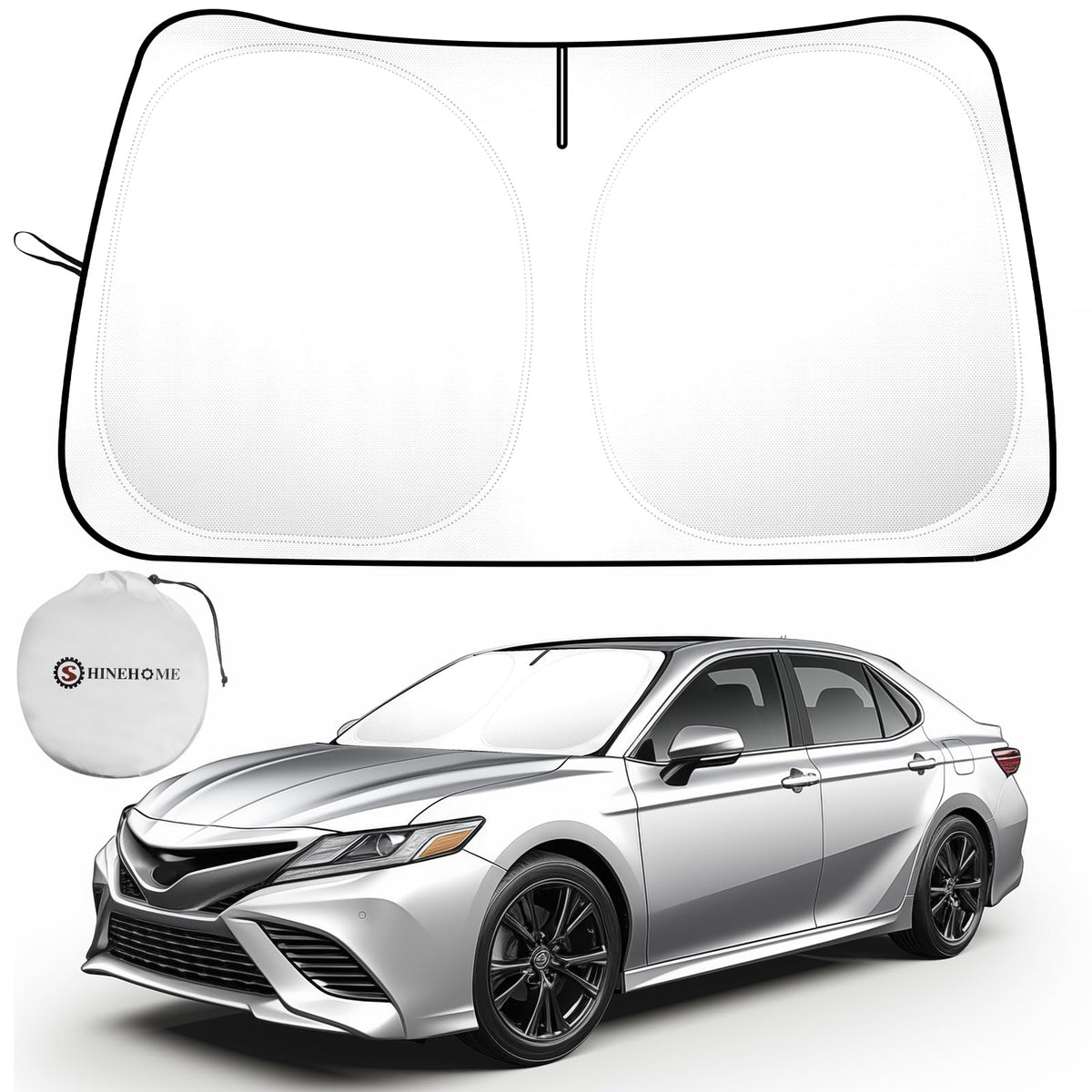 SHINEHOME front view of sun shade fitted, demonstrating full windshield coverage and sun protection