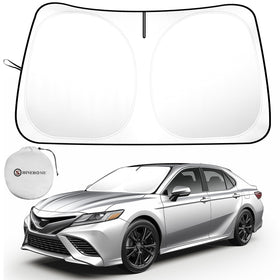 SHINEHOME front view of sun shade fitted, demonstrating full windshield coverage and sun protection