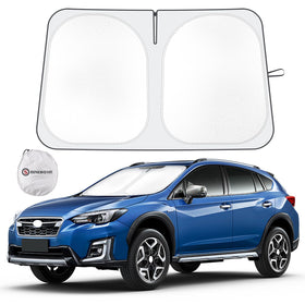 SHINEHOME front view of packaged Crosstrek sun shade showing fit and portability