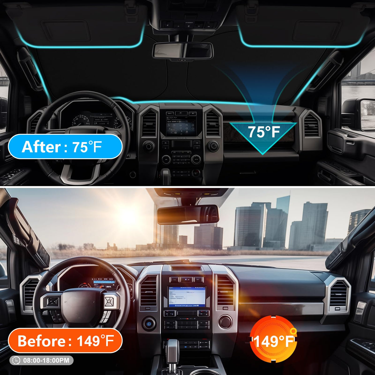 SHINEHOME installed on Ford F150 windshield reducing cabin temperature