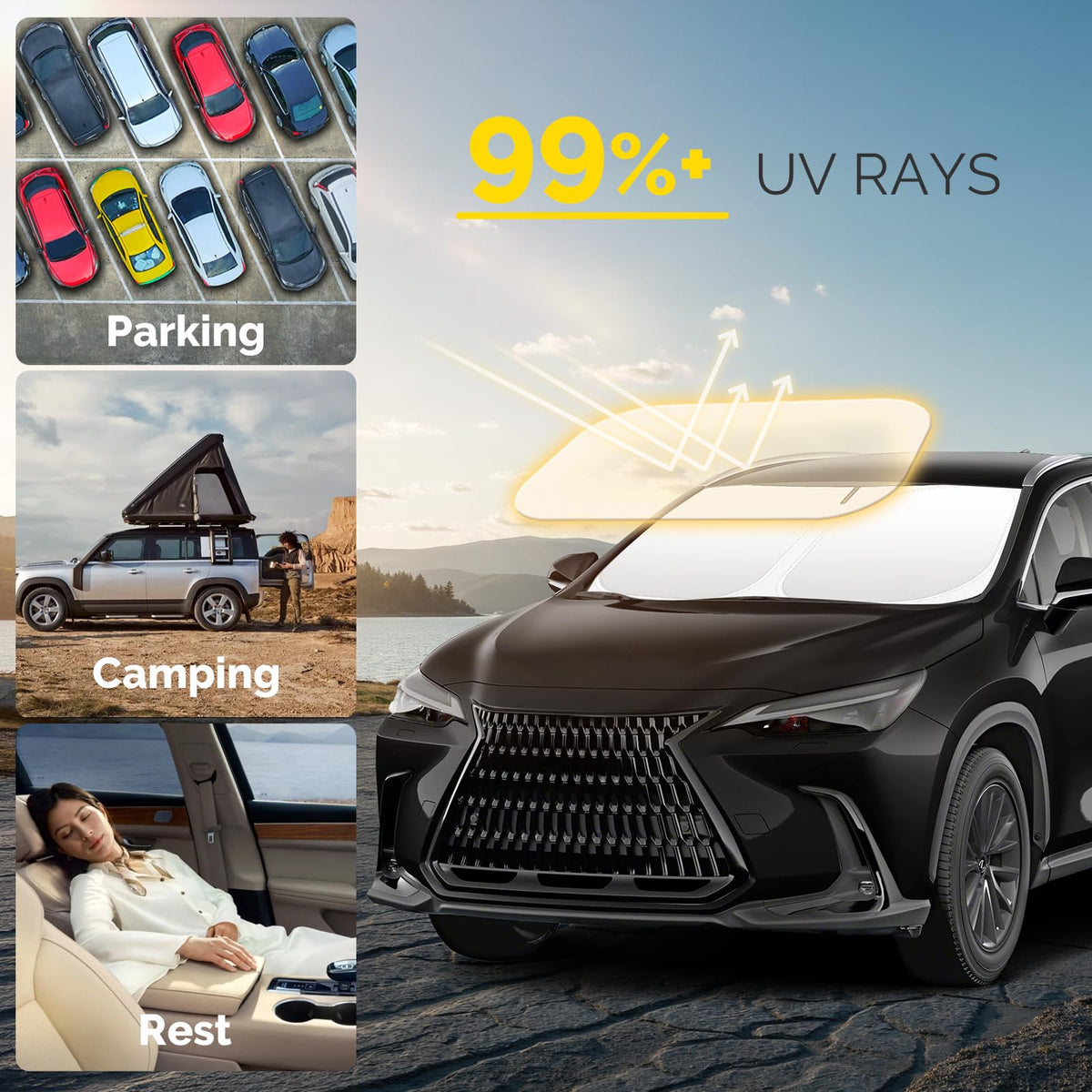 SHINEHOME sun shade fully unfolded to windshield shape benefit: maximum coverage