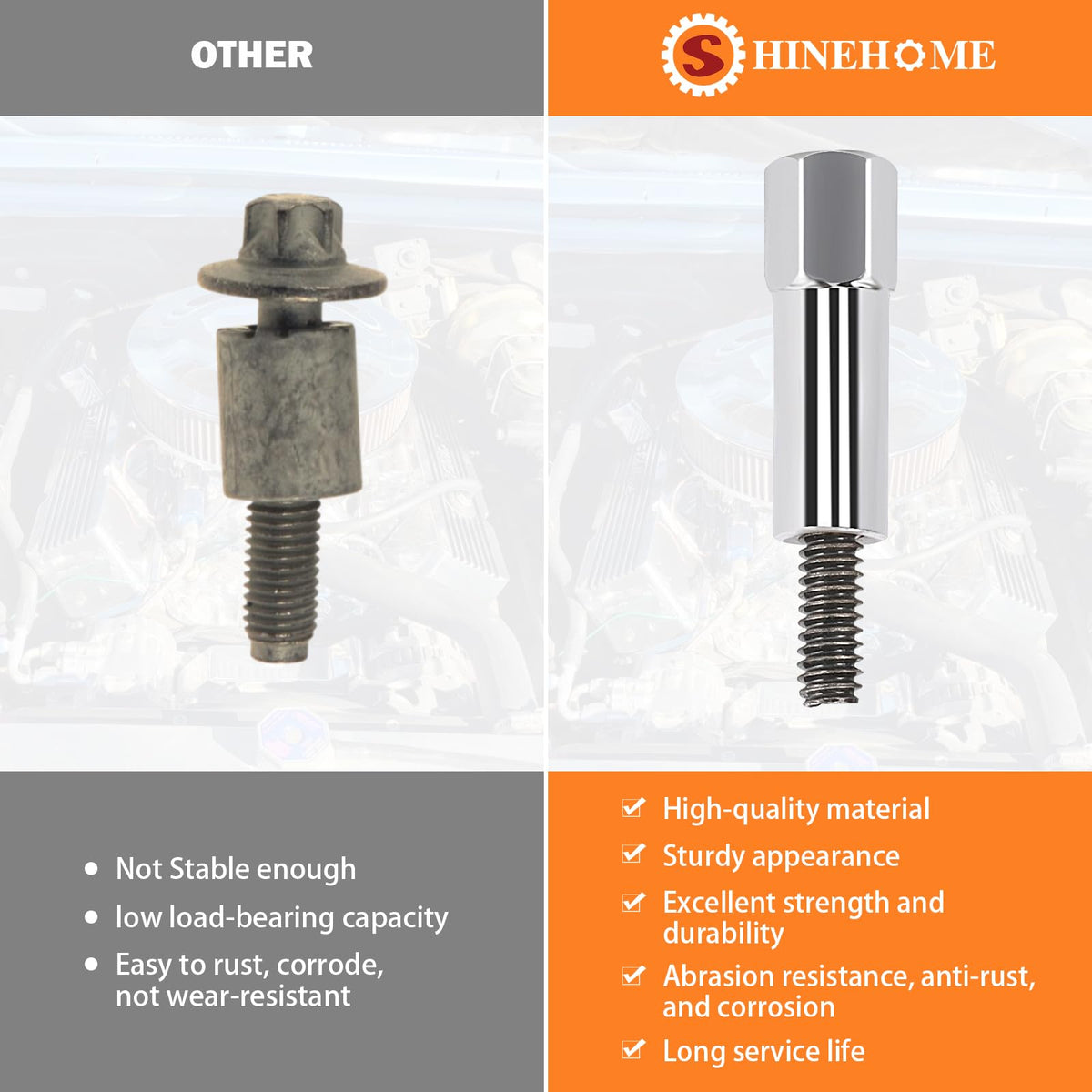 SHINEHOME side profile showing bolt and stud lengths for correct clearance