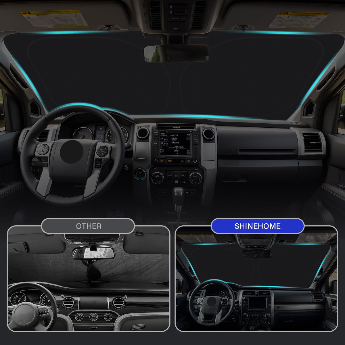 SHINEHOME next to steering wheel showing windshield fit and scale