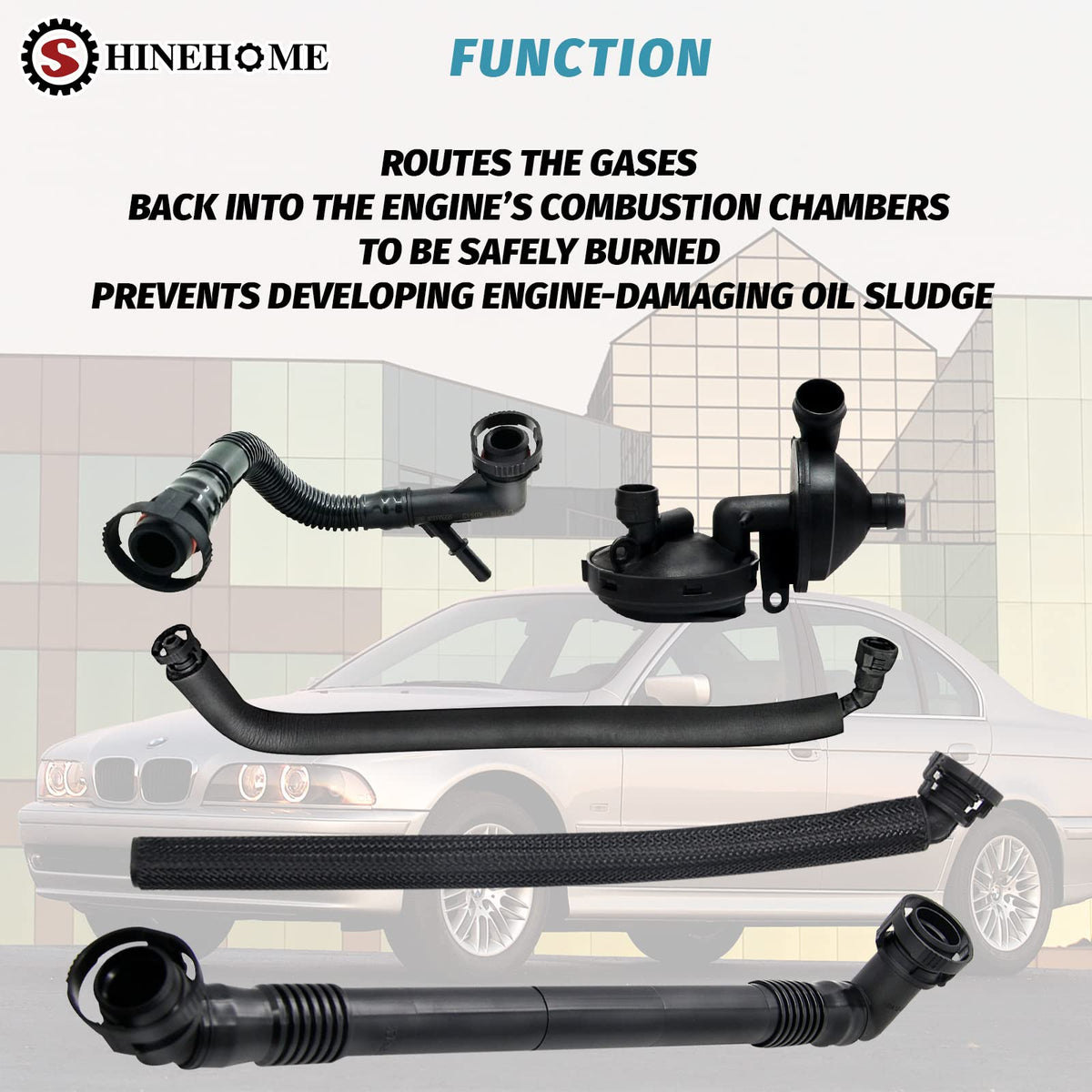 SHINEHOME close-up of PCV valve and hose showing durable construction for reliability