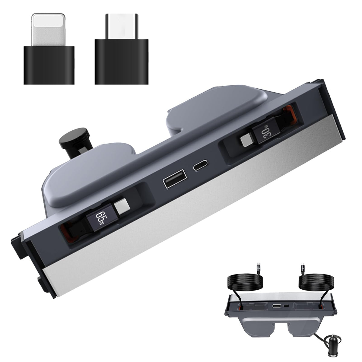 SHINELINERS hub front view showing clean console fit and fast charging