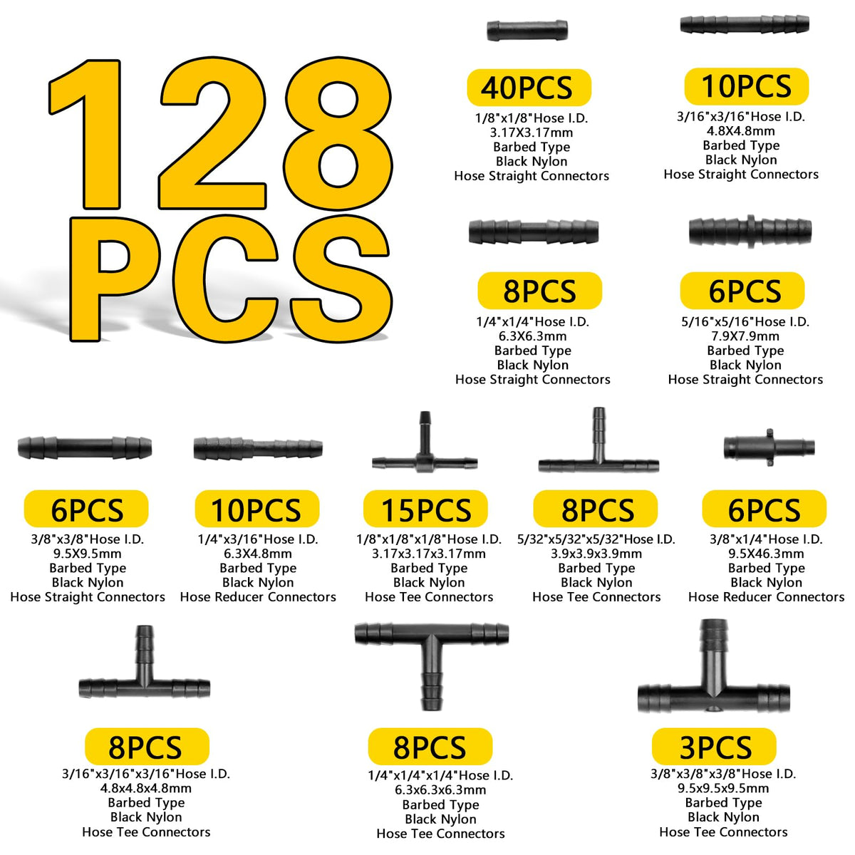 Shineyoo labeled hoses showing six diameters and 6.6 ft lengths for clarity